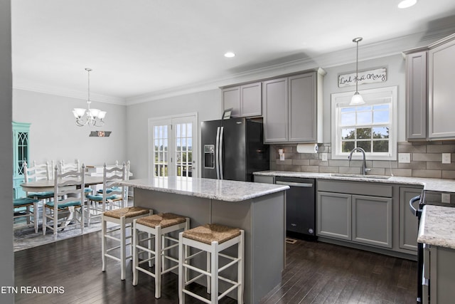 1152 Cloud View Dr, Powell, TN 37849 - kitchen with fridge with ice dispenser, dishwasher, gray cabinets, plenty of natural light, and ornamental molding