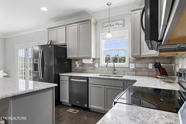 1152 Cloud View Dr, Powell, TN 37849 - kitchen with dishwasher, ornamental molding, gray cabinetry, stainless steel microwave, and dark wood-style floors