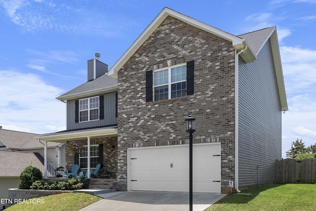 1152 Cloud View Dr, Powell, TN 37849 - traditional-style home featuring a porch, an attached garage, board and batten siding, a chimney, and concrete driveway