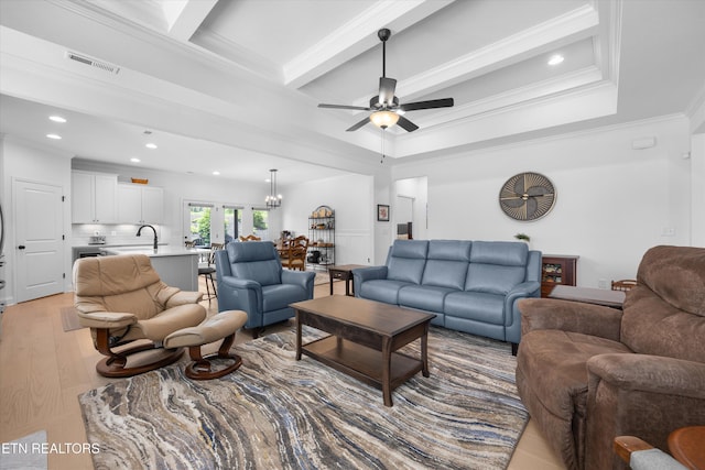 12845 Scarlet Sage Dr, Farragut, TN 37934 - living area featuring ornamental molding, a ceiling fan, recessed lighting, light wood-style flooring, and beam ceiling