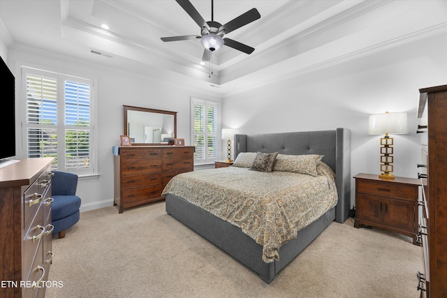 12845 Scarlet Sage Dr, Farragut, TN 37934 - bedroom featuring crown molding, light colored carpet, a tray ceiling, recessed lighting, and ceiling fan