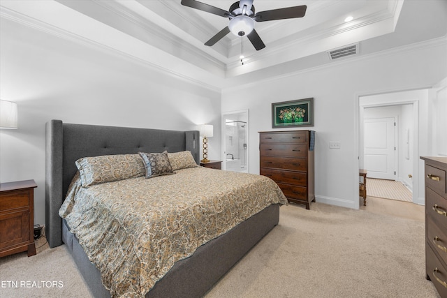 12845 Scarlet Sage Dr, Farragut, TN 37934 - bedroom featuring ornamental molding, light carpet, a raised ceiling, ceiling fan, and ensuite bathroom