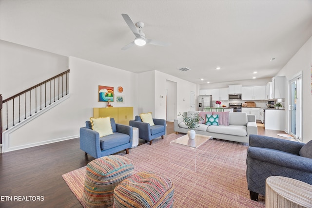 1171 Hampton Place Cir, Loudon, TN 37774 - living room with stairs, wood finished floors, a ceiling fan, and recessed lighting