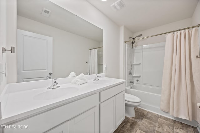 1171 Hampton Place Cir, Loudon, TN 37774 - bathroom with double vanity, shower / bathtub combination with curtain, and stone finish flooring