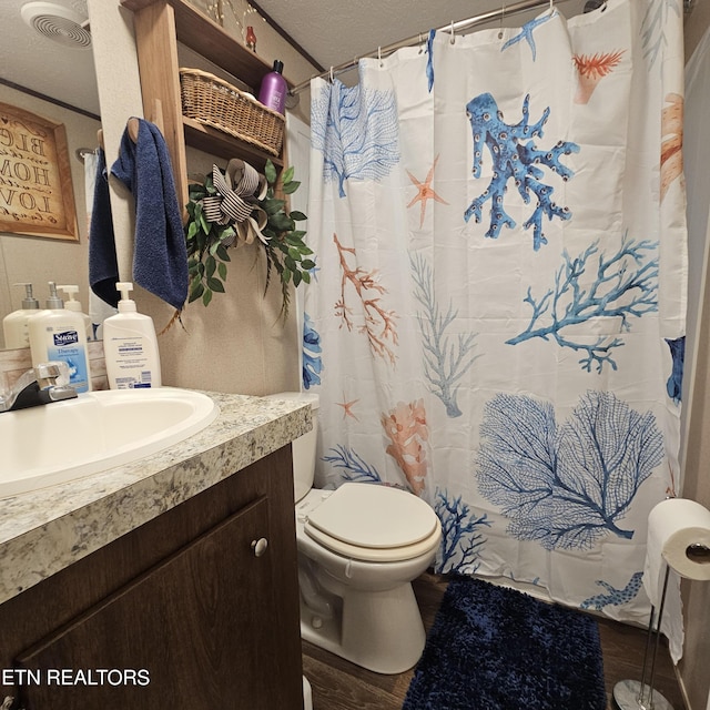 1911 Branam Hill Rd, Jellico, TN 37762 - full bath with vanity, a textured ceiling, and curtained shower