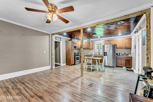 163 Ridge Rd, Sharps Chapel, TN 37866 - kitchen with appliances with stainless steel finishes, ornamental molding, a ceiling fan, light wood finished floors, and light countertops