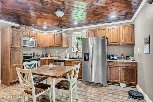 163 Ridge Rd, Sharps Chapel, TN 37866 - kitchen with appliances with stainless steel finishes, crown molding, light wood finished floors, wood ceiling, and light countertops
