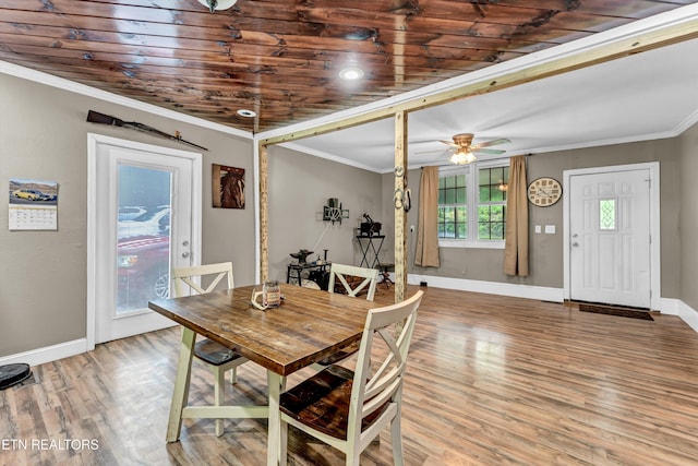 163 Ridge Rd, Sharps Chapel, TN 37866 - dining area with light wood-style floors, ceiling fan, ornamental molding, and wood ceiling