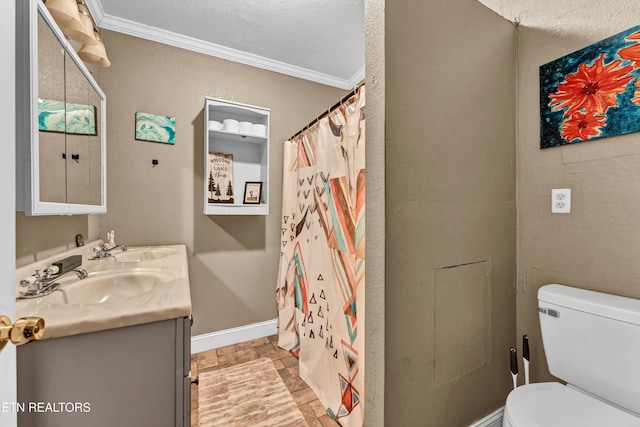 163 Ridge Rd, Sharps Chapel, TN 37866 - full bathroom featuring crown molding, double vanity, stone finish flooring, a shower with curtain, and a textured ceiling