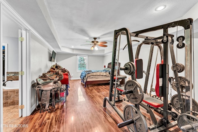 163 Ridge Rd, Sharps Chapel, TN 37866 - exercise room featuring wood finished floors, a ceiling fan, a textured ceiling, and recessed lighting