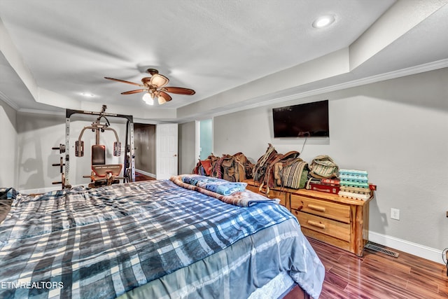 163 Ridge Rd, Sharps Chapel, TN 37866 - bedroom featuring a tray ceiling, wood finished floors, ornamental molding, and a ceiling fan