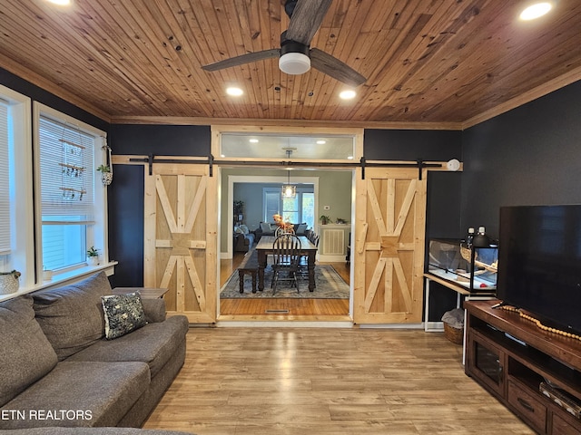 2824 W Cumberland Ave, Middlesboro, KY 40965 - living room with a barn door, crown molding, wooden ceiling, recessed lighting, and wood finished floors