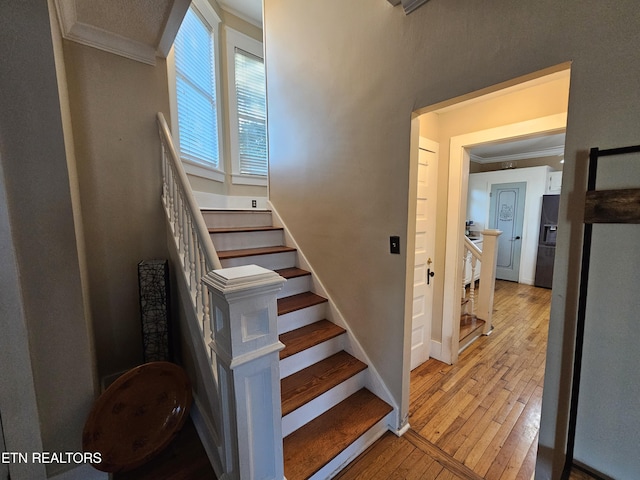 2824 W Cumberland Ave, Middlesboro, KY 40965 - stairway featuring ornamental molding and hardwood / wood-style floors