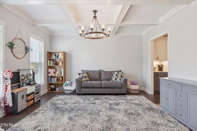 1682 Hickory Reserve Rd, Knoxville, TN 37932 - living area featuring a chandelier, coffered ceiling, dark wood-style floors, and beam ceiling
