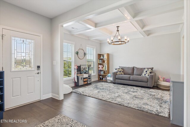 1682 Hickory Reserve Rd, Knoxville, TN 37932 - foyer entrance with dark wood-style flooring, a chandelier, beamed ceiling, and coffered ceiling