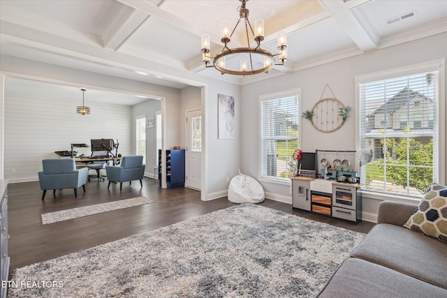 1682 Hickory Reserve Rd, Knoxville, TN 37932 - living area with a desk, dark wood-style flooring, coffered ceiling, a chandelier, and beamed ceiling