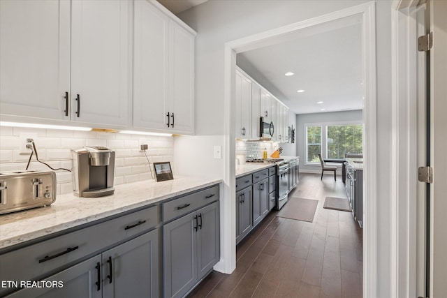 1682 Hickory Reserve Rd, Knoxville, TN 37932 - kitchen with appliances with stainless steel finishes, dark wood finished floors, recessed lighting, gray cabinets, and light stone counters