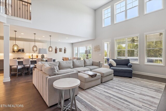 1682 Hickory Reserve Rd, Knoxville, TN 37932 - living area featuring wood finished floors, a high ceiling, and recessed lighting