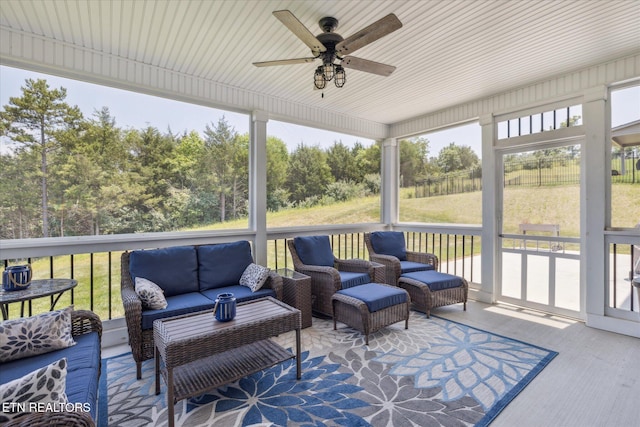 1682 Hickory Reserve Rd, Knoxville, TN 37932 - sunroom with a ceiling fan and an outdoor hangout area