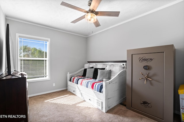 238 Mac Ivey Ln, Lafollette, TN 37766 - bedroom featuring carpet, ceiling fan, a textured ceiling, and ornamental molding