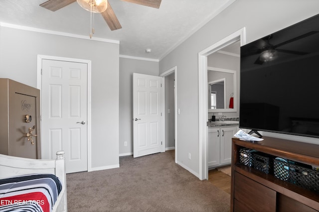 238 Mac Ivey Ln, Lafollette, TN 37766 - bedroom with ornamental molding, carpet floors, ensuite bath, and ceiling fan