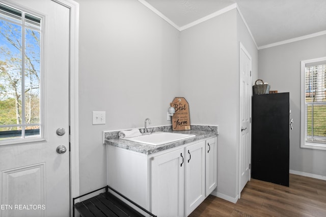 238 Mac Ivey Ln, Lafollette, TN 37766 - kitchen with crown molding, white cabinetry, healthy amount of natural light, dark wood-type flooring, and light countertops