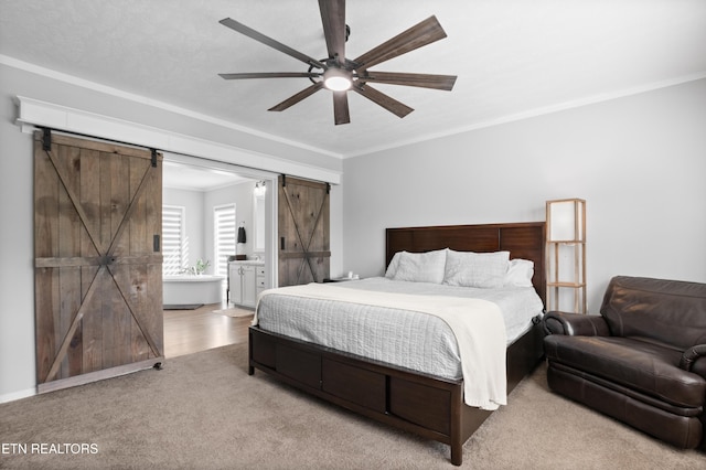 238 Mac Ivey Ln, Lafollette, TN 37766 - carpeted bedroom with a barn door, ornamental molding, connected bathroom, and a ceiling fan