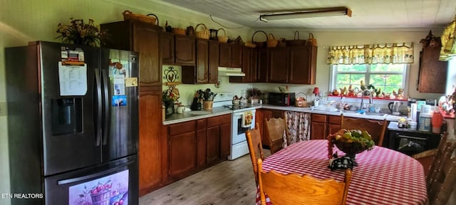 1591 Big Ridge Rd, Spring City, TN 37381 - kitchen featuring refrigerator with ice dispenser, white range with electric stovetop, under cabinet range hood, black microwave, and light wood-type flooring