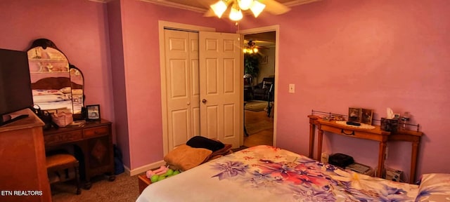 1591 Big Ridge Rd, Spring City, TN 37381 - carpeted bedroom with ornamental molding, a closet, and ceiling fan