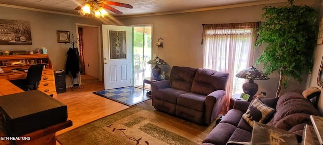 1591 Big Ridge Rd, Spring City, TN 37381 - living area featuring ceiling fan, ornamental molding, wood finished floors, and healthy amount of natural light