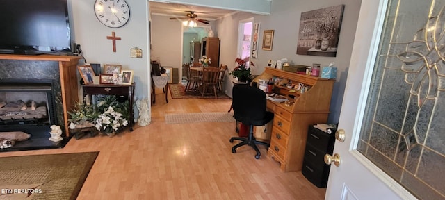 1591 Big Ridge Rd, Spring City, TN 37381 - office space featuring wood finished floors, a ceiling fan, and a high end fireplace