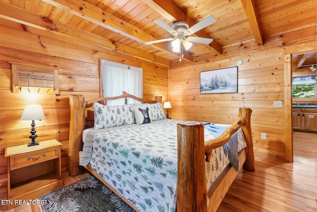 2217 Red Bud Rd, Sevierville, TN 37876 - bedroom featuring a wooden ceiling with exposed beams, wood finished floors, and wood walls