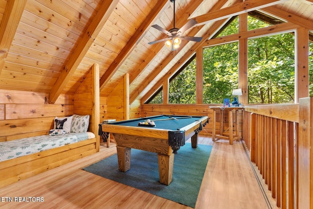 2217 Red Bud Rd, Sevierville, TN 37876 - playroom with billiards, wood finished floors, wood ceiling, wood walls, and a ceiling fan