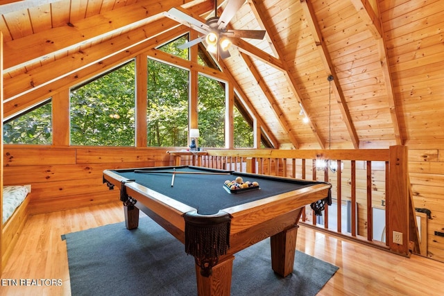 2217 Red Bud Rd, Sevierville, TN 37876 - recreation room with wooden ceiling, ceiling fan, wood finished floors, wood walls, and pool table