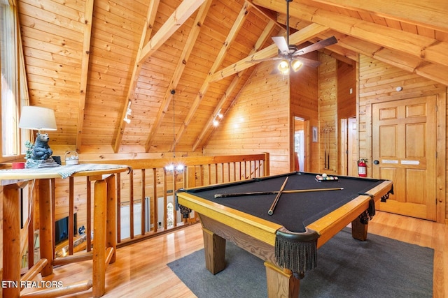 2217 Red Bud Rd, Sevierville, TN 37876 - playroom featuring a wooden ceiling with exposed beams, wooden walls, ceiling fan, wood finished floors, and billiards