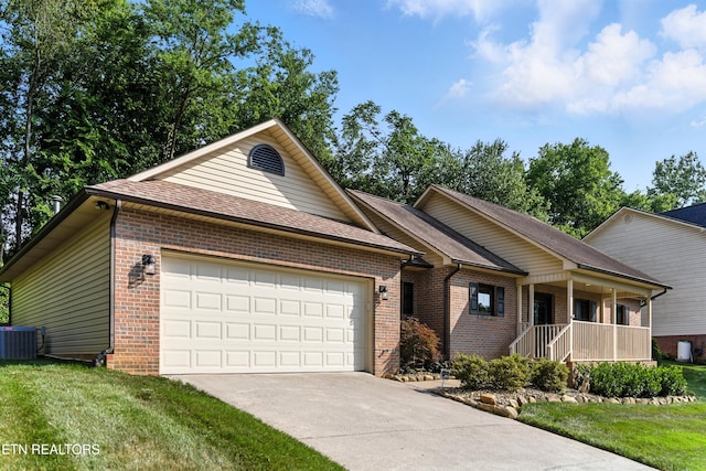 8808 Cedar Springs Ln, Knoxville, TN 37923 - ranch-style house featuring an attached garage, brick siding, driveway, covered porch, and a shingled roof
