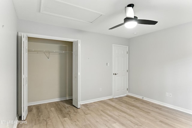 8808 Cedar Springs Ln, Knoxville, TN 37923 - unfurnished bedroom with light wood-type flooring, attic access, a closet, and ceiling fan