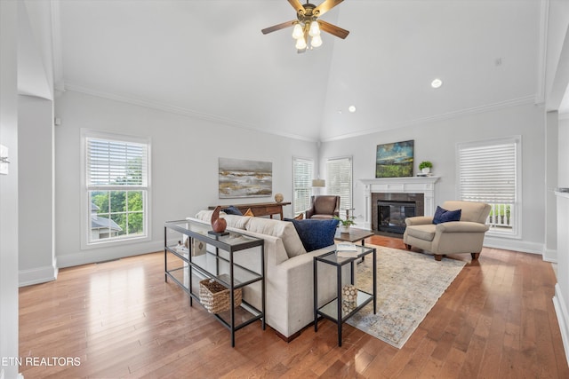 1269 Bentley Park Ln, Knoxville, TN 37922 - living area featuring a premium fireplace, hardwood / wood-style floors, a ceiling fan, ornamental molding, and high vaulted ceiling