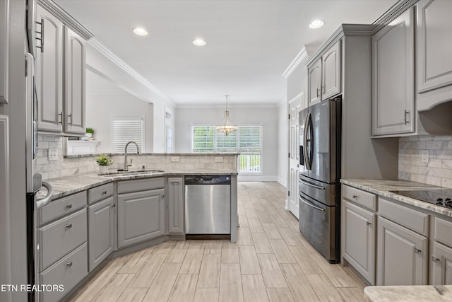 1269 Bentley Park Ln, Knoxville, TN 37922 - kitchen with dishwasher, gray cabinets, fridge with ice dispenser, black electric stovetop, and crown molding