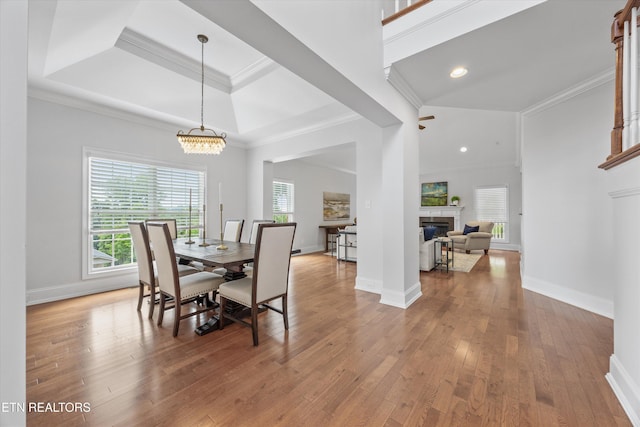 1269 Bentley Park Ln, Knoxville, TN 37922 - dining area featuring healthy amount of natural light, a chandelier, crown molding, a fireplace, and hardwood / wood-style floors