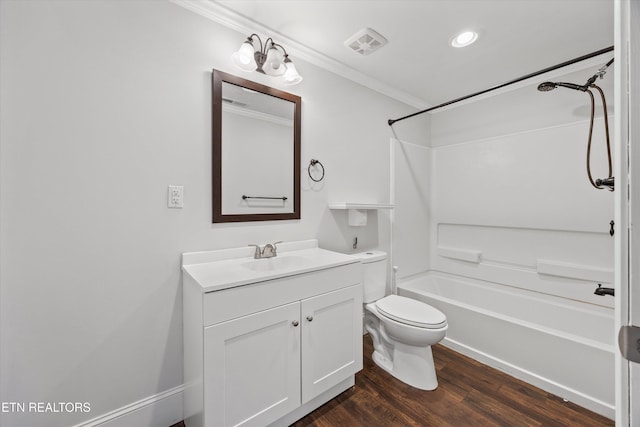 1269 Bentley Park Ln, Knoxville, TN 37922 - bathroom featuring shower / tub combination, vanity, crown molding, wood finished floors, and recessed lighting