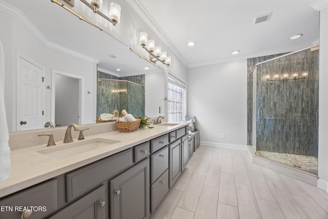 1269 Bentley Park Ln, Knoxville, TN 37922 - full bathroom with double vanity, a stall shower, recessed lighting, crown molding, and a chandelier