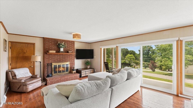 300 Clearfield Rd, Knoxville, TN 37922 - living room featuring crown molding, a brick fireplace, plenty of natural light, wood finished floors, and a textured ceiling
