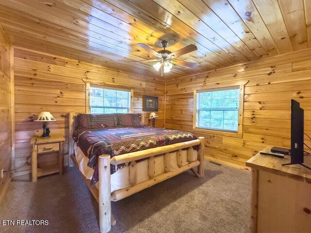 2205 Meredith Way, Sevierville, TN 37876 - carpeted bedroom featuring multiple windows, wood ceiling, wooden walls, and ceiling fan