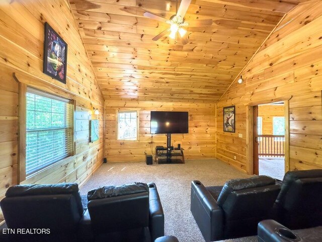 2205 Meredith Way, Sevierville, TN 37876 - living room with lofted ceiling, carpet, wooden walls, a ceiling fan, and wood ceiling