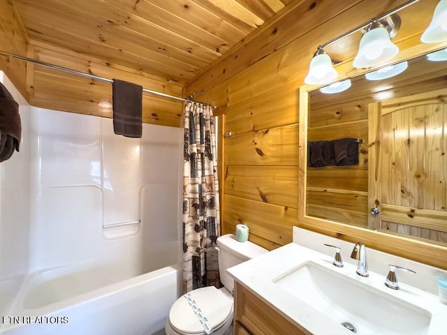 2205 Meredith Way, Sevierville, TN 37876 - full bathroom with wooden walls, vanity, shower / bath combo with shower curtain, and wooden ceiling