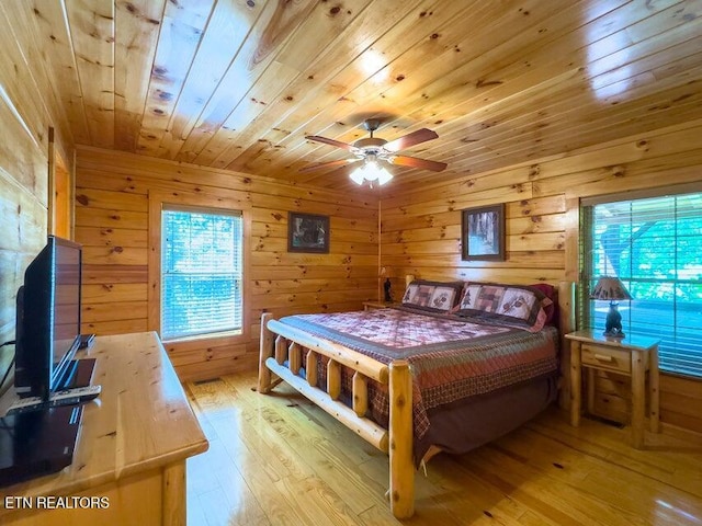 2205 Meredith Way, Sevierville, TN 37876 - bedroom with wood ceiling, multiple windows, light wood-style flooring, and wooden walls