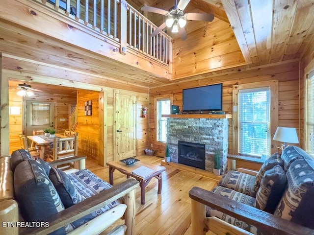 2205 Meredith Way, Sevierville, TN 37876 - living room featuring a ceiling fan, wooden walls, hardwood / wood-style floors, wood ceiling, and plenty of natural light