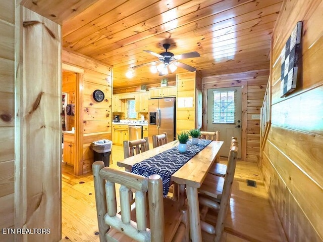 2205 Meredith Way, Sevierville, TN 37876 - dining area featuring light wood-style flooring, wood ceiling, wood walls, and a ceiling fan