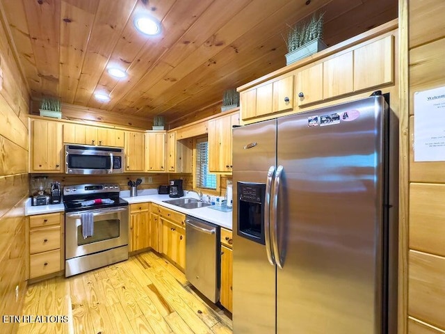 2205 Meredith Way, Sevierville, TN 37876 - kitchen featuring appliances with stainless steel finishes, light brown cabinets, light countertops, wood ceiling, and light wood-type flooring